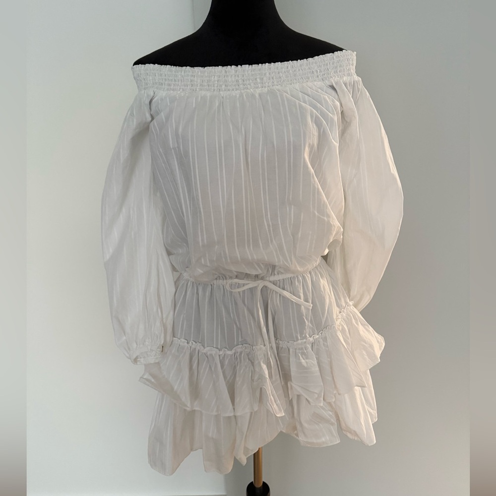 White Off-Shoulder Ruffle Tiered Dress